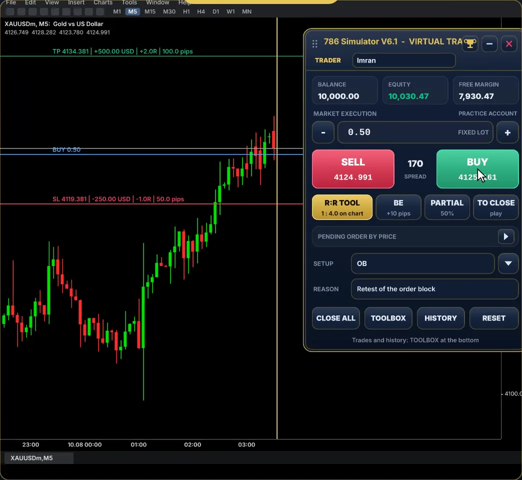 786 Simulator virtual trade panel on the MT5 chart
